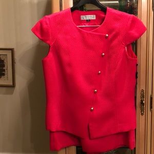 Bright pink Tahari suit w/gold button details